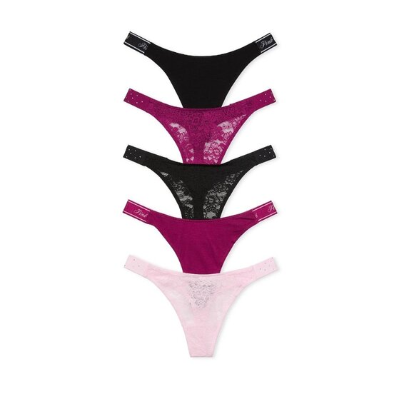 Victoria's Secret 5-PACK LACE-UP LOGO THONG PANTIES (L) NIB! - Picture 1 of 7